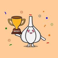 Cartoon character Garlic is holding golden trophy vector