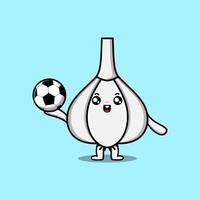 lindo personaje de dibujos animados de ajo jugando al fútbol vector