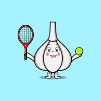 cartoon Garlic character playing tennis field vector