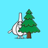 Cute cartoon Garlic character hiding tree vector