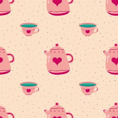 Cute kettle and cup seamless pattern. Herbal tea mugs. Childish style. Hand drawn doodle illustration. Autumn and winter mood. Cozy kitchen fabric, textile design.