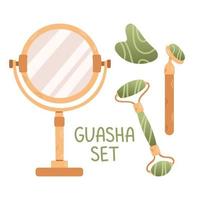 A set of trendy gua sha scrapers made of natural stone and roller massager for facial care. Green color guasha. Vector illustration skin care concept.