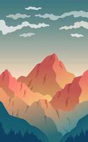 Vector landscape, sunset scene in nature with mountains and forest, silhouettes of trees and hills in the evening. Vector illustration
