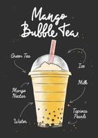 Vector engraved style Mango Bubble Milk Tea drink in plastic glass for posters, decoration, logo. Hand drawn sketch with lettering and recipe, beverage ingredients. Detailed colorful drawing.