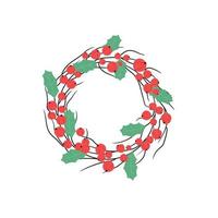 Christmas wreath with red berries, branches and holly leaves isolated vector illustration. New year festive decoration.