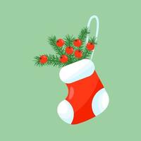 Christmas decoration element for greeting desing. Sock with branches and berries. New Year festive holidays items. Isolated om white vector illustration.