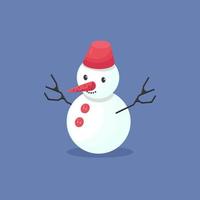 Snowman with bucket on head isolated on blue background. Vector illustration. Funny cartoon winter element.