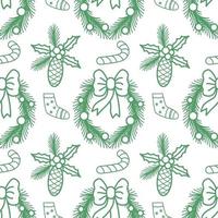 Christmas and Happy New Year seamless pattern with wreath, pine cone, sock and candy. Isolated on white vector illustration. Endless holiday background.