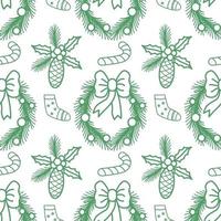 Christmas and Happy New Year seamless pattern with wreath, pine cone, sock and candy. Isolated on white vector illustration. Endless holiday background.