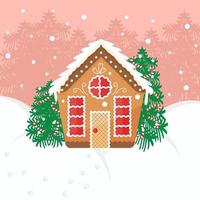 Cute gingerbread houses landscape with Christmas trees and snow vector illustration. Festive design for greeting cards. New year poster.