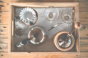 Top view of Coffee dip equipment on wooden table. photo