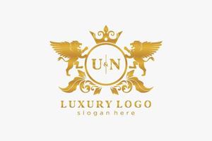 Initial UN Letter Lion Royal Luxury Logo template in vector art for Restaurant, Royalty, Boutique, Cafe, Hotel, Heraldic, Jewelry, Fashion and other vector illustration.