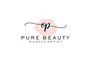 diseño de logotipo prefabricado de labios de acuarela op inicial, logotipo para marca comercial de artista de maquillaje, diseño de logotipo de boutique de belleza rubor, logotipo de caligrafía con plantilla creativa. vector