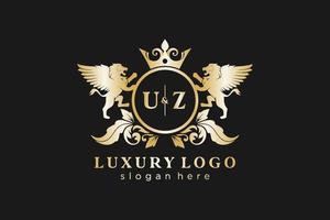 Initial UZ Letter Lion Royal Luxury Logo template in vector art for Restaurant, Royalty, Boutique, Cafe, Hotel, Heraldic, Jewelry, Fashion and other vector illustration.