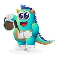 Cute blue monster drinking coffee, coffee time vector