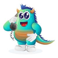 lindo monstruo azul levanta el teléfono, responde llamadas telefónicas vector