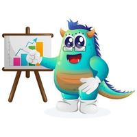 Cute blue monster gives report presentation, shows column graphics vector