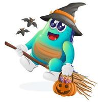 Cute blue monster witch with holding halloween pumpkin vector