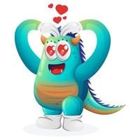 Cute blue monster with love heart sign hand vector