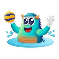 Cute blue monster playing waterpolo vector