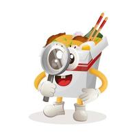 Cute ramen mascot conducting research, holding a magnifying glass vector