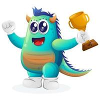 Cute blue monster winning award and celebrating success vector