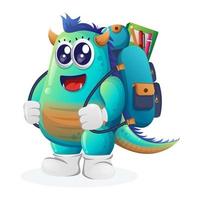Cute blue monster carrying a schoolbag, backpack, back to school vector