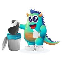 Cute blue monster placing reusable waste into garbage can vector