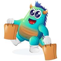 Cute blue monster happy shopping vector