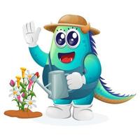 Cute blue monster gardening taking care of plants vector