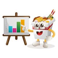 Cute ramen mascot gives report presentation, shows column graphics vector