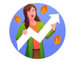 a woman holding a business chart and dollar coins vector