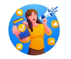 social media marketing concept with a woman holding a smartphone and a megaphone vector