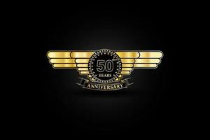 50th anniversary golden gold logo with gold wing and ribbon isolated on black background, vector design for celebration.