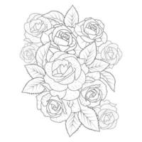 adult coloring book page of pink rose illustration with leaves and pencil sketch drawing vector