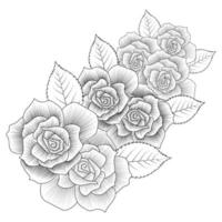 adult coloring book page of pink rose illustration with leaves and pencil sketch drawing vector