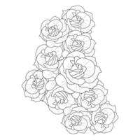 adult coloring book page of pink rose illustration with leaves and pencil sketch drawing vector