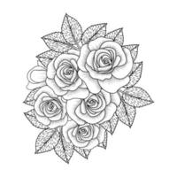 página de libro de coloración para adultos de ilustración de rosa rosa con hojas y dibujo a lápiz vector