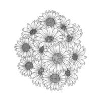 diseño de página de libro de colorear para adultos de flor de margarita de dibujo de líneas negras hermoso ramo de flores de margarita vector