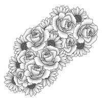 daisy flower and rose flower adult coloring book page design of vector clip art