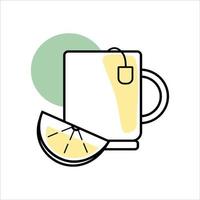 Icon Tea in a cup with lemon on a white background. Warming drink to strengthen the immune system. Tea with lemon.Tea bag, pot, cup and variety of berry branches. Flat vector illustration.