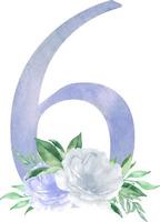 Watercolor blue floral number - digit 6 six with flowers bouquet composition. Number 6 with flowers and greenery vector
