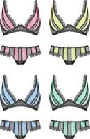 Watercolor set of colorful woman lingerie lace underwear illustration. Bridal shower party lingerie set clipart vector