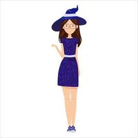 Girl in a Halloween costume. Charming witch in glasses and a hat. vector