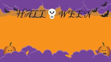 Happy Halloween party template with night clouds and pumpkins in paper cut style. Vector illustration. Flying bats, candy and skulls. Place for text. Background