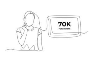 Una sola mujer feliz dibujando una línea obtiene 70k seguidores. concepto de logro de las redes sociales. ilustración de vector gráfico de diseño de dibujo de línea continua.