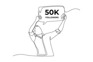 Single one line drawing. Happy man gets 50K followers. Social media achievement concept. Continuous line draw design graphic vector illustration.