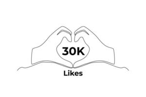 Single one line drawing happy love hands for 30K likes. Happy banner celebrate. Social media achievement concept. Continuous line draw design graphic vector illustration.