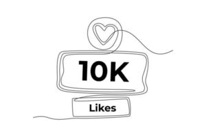 Single one line drawing love for 10K likes. Happy banner celebrate. Social media achievement concept. Continuous line draw design graphic vector illustration.