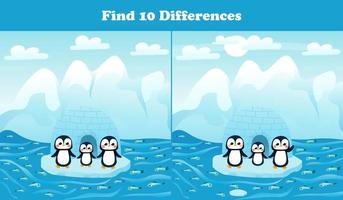 Find ten differences printable worksheet with arctic penguins and north pole landscape for kids and children books vector